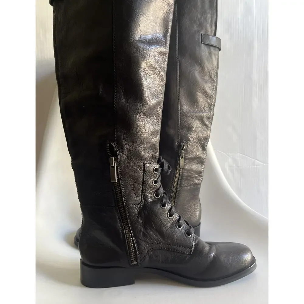 Pour La Victoire Cairo Boots Womens 6 Black Leather OTK Riding Lace Up NWOB